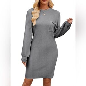 Women winter Crewneck Oversized Sweater Knit Pullover Short Dress with Pocket